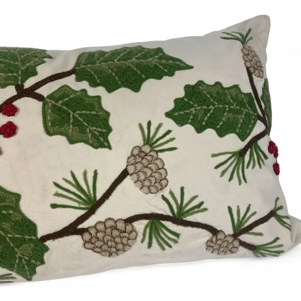 Pottery Barn Pillow Crewel Embroidered Holly Berries Pine Cones Lumbar 16x26